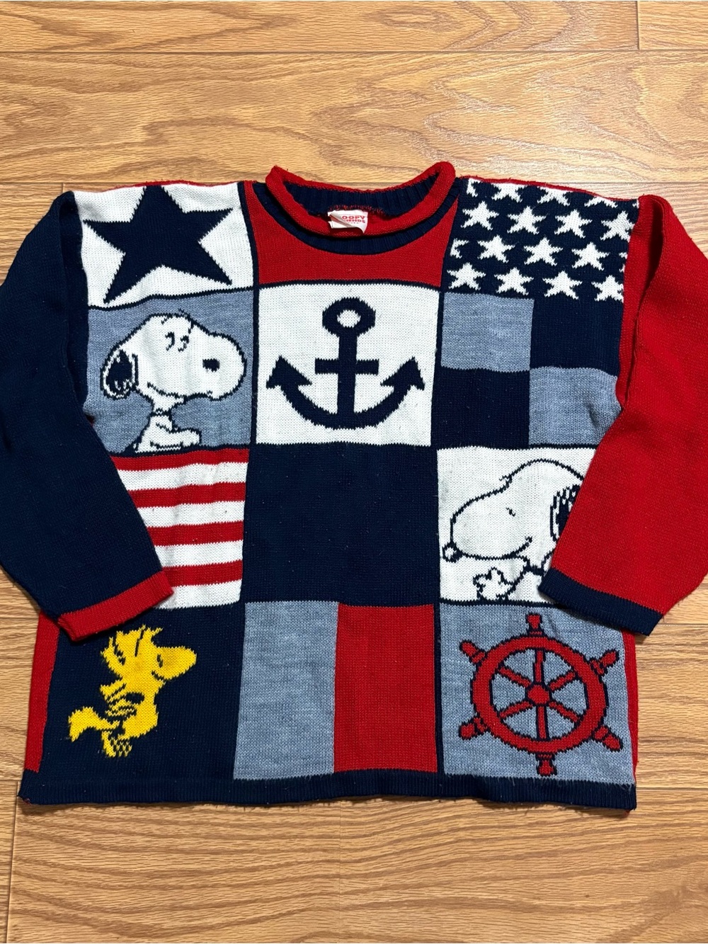 VTG 90’s Peanuts Snoopy & Friends Nautical Sailor Patchwork Knit Sweater Large
